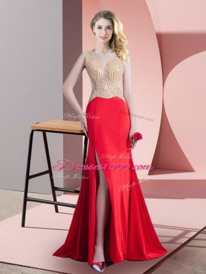 Nice Red Dress for Prom Prom and Party and Military Ball with Beading Scoop Sleeveless Brush Train Zipper