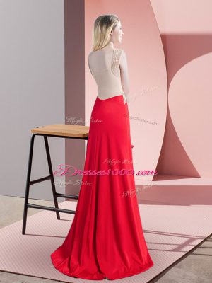 Nice Red Dress for Prom Prom and Party and Military Ball with Beading Scoop Sleeveless Brush Train Zipper