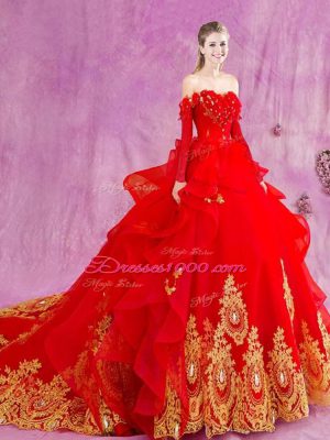 Gorgeous Red Ball Gowns Off The Shoulder Sleeveless Tulle Court Train Lace Up Appliques and Ruffles Sweet 16 Quinceanera Dress