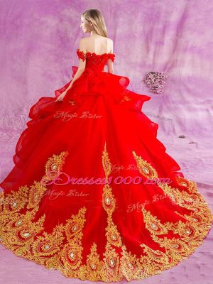 Gorgeous Red Ball Gowns Off The Shoulder Sleeveless Tulle Court Train Lace Up Appliques and Ruffles Sweet 16 Quinceanera Dress