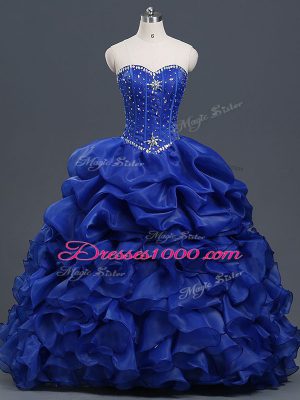 Royal Blue Ball Gowns Sweetheart Sleeveless Organza Floor Length Lace Up Beading and Ruffles and Pick Ups Sweet 16 Dress