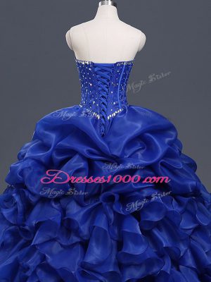 Royal Blue Ball Gowns Sweetheart Sleeveless Organza Floor Length Lace Up Beading and Ruffles and Pick Ups Sweet 16 Dress