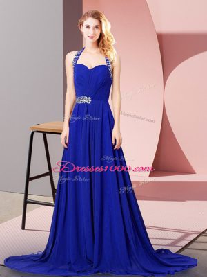 High End Zipper Red Carpet Gowns Royal Blue for Prom and Party and Military Ball with Beading and Ruching