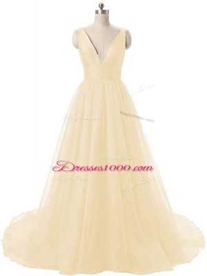 Light Yellow Red Carpet Prom Dress Organza Brush Train Sleeveless Ruching