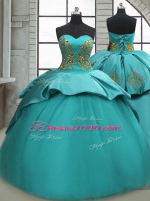 Modest Turquoise Satin Lace Up Quinceanera Gowns Sleeveless Sweep Train Beading and Appliques