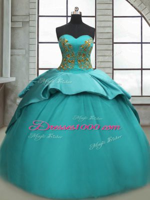 Modest Turquoise Satin Lace Up Quinceanera Gowns Sleeveless Sweep Train Beading and Appliques