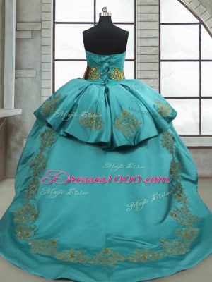 Modest Turquoise Satin Lace Up Quinceanera Gowns Sleeveless Sweep Train Beading and Appliques