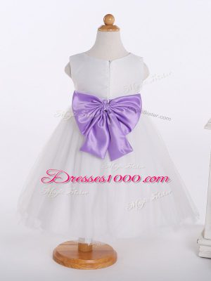 Gorgeous White A-line Tulle Scoop Sleeveless Bowknot and Hand Made Flower Knee Length Zipper Girls Pageant Dresses