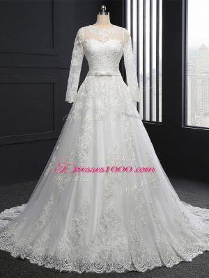 Lace Up Wedding Dress White for Wedding Party with Lace Brush Train