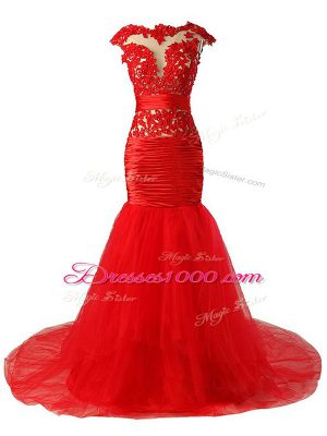 Shining Red Mermaid Scoop Cap Sleeves Tulle Brush Train Zipper Lace and Appliques and Ruching Homecoming Dress