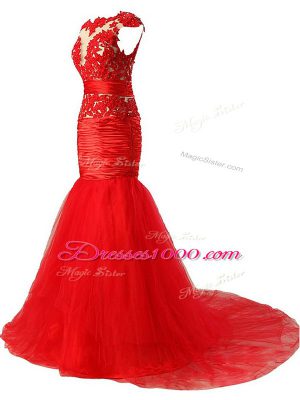 Shining Red Mermaid Scoop Cap Sleeves Tulle Brush Train Zipper Lace and Appliques and Ruching Homecoming Dress