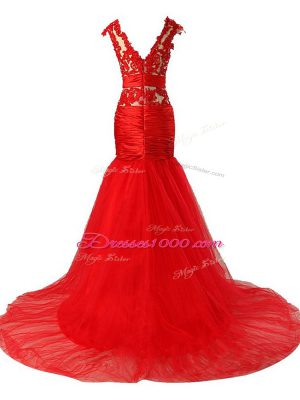 Shining Red Mermaid Scoop Cap Sleeves Tulle Brush Train Zipper Lace and Appliques and Ruching Homecoming Dress