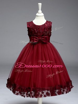 Perfect Appliques and Bowknot Little Girls Pageant Gowns Burgundy Zipper Sleeveless Tea Length