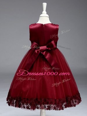 Perfect Appliques and Bowknot Little Girls Pageant Gowns Burgundy Zipper Sleeveless Tea Length