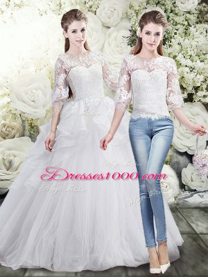 Half Sleeves Brush Train Lace and Ruffles Lace Up Wedding Dresses