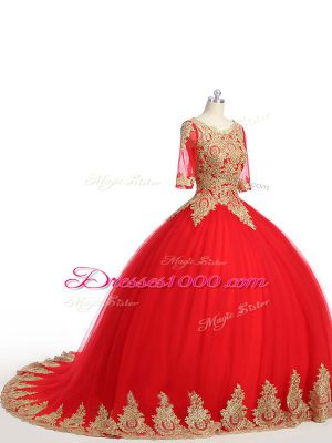 Red Half Sleeves Tulle Brush Train Zipper 15th Birthday Dress for Military Ball and Sweet 16 and Quinceanera