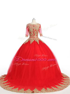 Red Half Sleeves Tulle Brush Train Zipper 15th Birthday Dress for Military Ball and Sweet 16 and Quinceanera