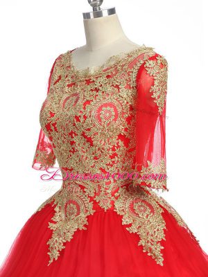 Red Half Sleeves Tulle Brush Train Zipper 15th Birthday Dress for Military Ball and Sweet 16 and Quinceanera