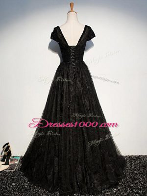 Floor Length Empire Short Sleeves Black Mother of the Bride Dress Zipper