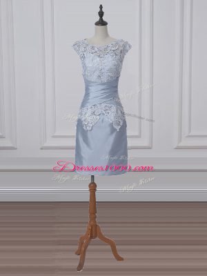 Simple Grey Satin Zipper Scoop Short Sleeves Mini Length Mother of the Bride Dress Lace and Appliques