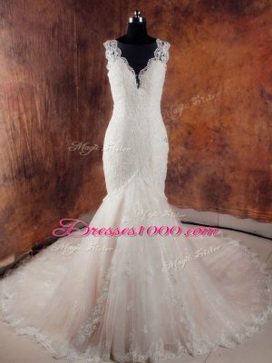White Sleeveless Tulle Court Train Side Zipper Wedding Dress for Wedding Party