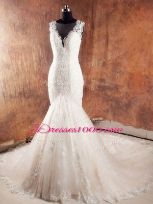 White Sleeveless Tulle Court Train Side Zipper Wedding Dress for Wedding Party