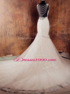 White Sleeveless Tulle Court Train Side Zipper Wedding Dress for Wedding Party