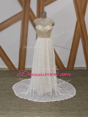 White V-neck Neckline Beading and Lace Wedding Gown Sleeveless Side Zipper