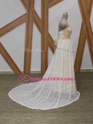 White V-neck Neckline Beading and Lace Wedding Gown Sleeveless Side Zipper