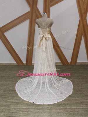 White V-neck Neckline Beading and Lace Wedding Gown Sleeveless Side Zipper