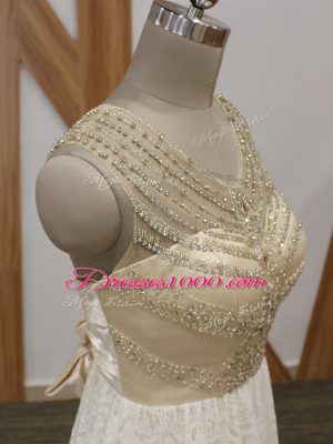 White V-neck Neckline Beading and Lace Wedding Gown Sleeveless Side Zipper