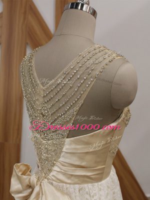 White V-neck Neckline Beading and Lace Wedding Gown Sleeveless Side Zipper