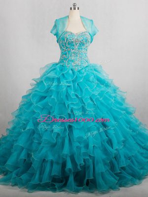 Aqua Blue Sweet 16 Quinceanera Dress Sweet 16 and Quinceanera with Beading and Ruffles Sweetheart Sleeveless Brush Train Lace Up
