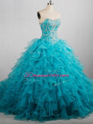 Aqua Blue Sweet 16 Quinceanera Dress Sweet 16 and Quinceanera with Beading and Ruffles Sweetheart Sleeveless Brush Train Lace Up