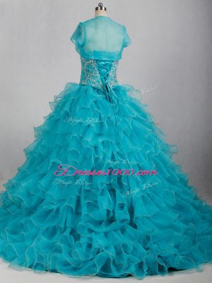 Aqua Blue Sweet 16 Quinceanera Dress Sweet 16 and Quinceanera with Beading and Ruffles Sweetheart Sleeveless Brush Train Lace Up