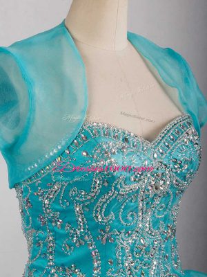 Aqua Blue Sweet 16 Quinceanera Dress Sweet 16 and Quinceanera with Beading and Ruffles Sweetheart Sleeveless Brush Train Lace Up