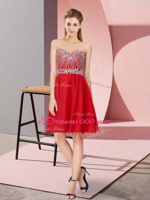 Sleeveless Knee Length Beading Lace Up Homecoming Dress with Red