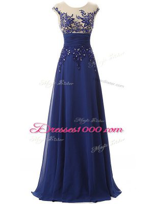 Glittering Blue Scoop Zipper Lace and Appliques and Ruching Sleeveless