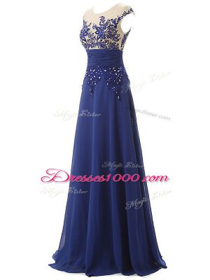 Glittering Blue Scoop Zipper Lace and Appliques and Ruching Sleeveless