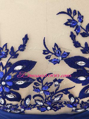 Glittering Blue Scoop Zipper Lace and Appliques and Ruching Sleeveless
