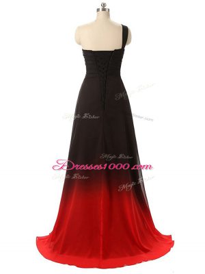 Dynamic Sleeveless Beading and Ruching Lace Up Prom Evening Gown with Multi-color Brush Train