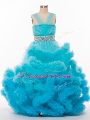 Popular Baby Blue Tulle Lace Up Little Girls Pageant Dress Wholesale Sleeveless Floor Length Beading and Hand Made Flower