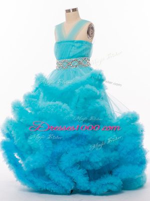 Popular Baby Blue Tulle Lace Up Little Girls Pageant Dress Wholesale Sleeveless Floor Length Beading and Hand Made Flower