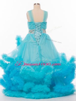 Popular Baby Blue Tulle Lace Up Little Girls Pageant Dress Wholesale Sleeveless Floor Length Beading and Hand Made Flower