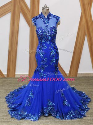 Chic Royal Blue High-neck Neckline Lace and Appliques Prom Gown Sleeveless Backless