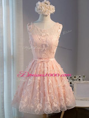 Modern Pink Scoop Lace Up Appliques and Belt Prom Homecoming Dress Sleeveless