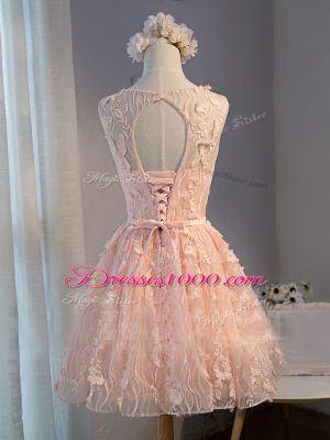 Modern Pink Scoop Lace Up Appliques and Belt Prom Homecoming Dress Sleeveless