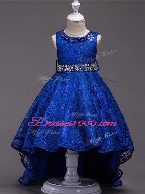 Customized Royal Blue Lace Lace Up Little Girls Pageant Gowns Sleeveless High Low Beading