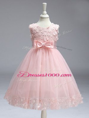 Attractive Baby Pink Zipper Kids Formal Wear Lace and Bowknot Sleeveless Knee Length