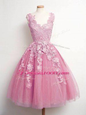 Enchanting Knee Length Lace Up Wedding Guest Dresses Pink for Prom and Party and Wedding Party with Lace